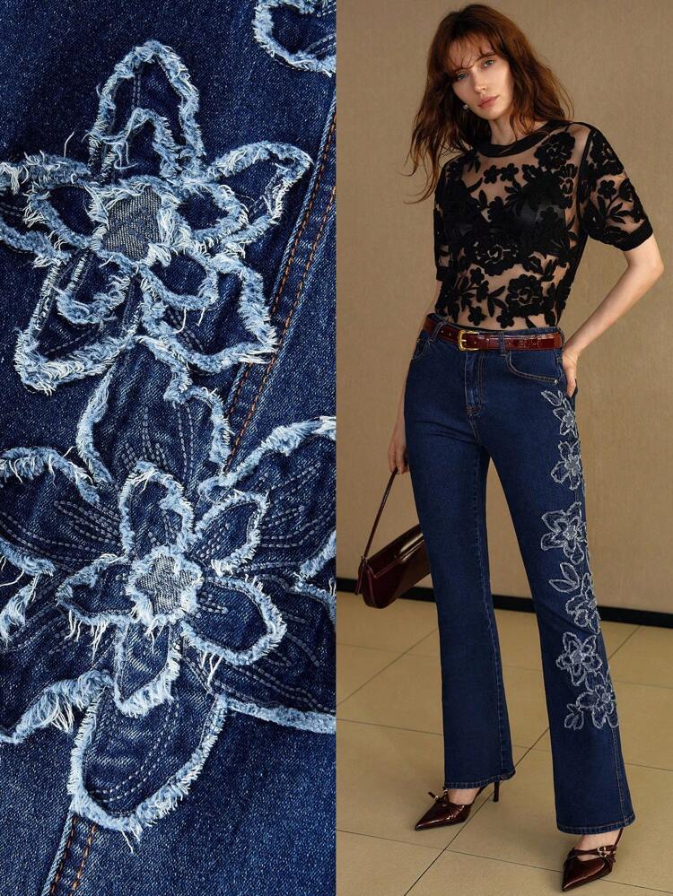 FLORAL RAW EDGE FLARE LEG JEANS WITHOUT BELT
