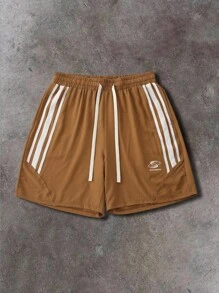 ROMWE MEN Street Life Men's Contrast Stripe Drawstring Waist Casual Patchwork Webbing Shorts, Summer - Brown - View 1