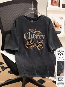 Attitoon Women's Grey Leopard Print Cherry Pattern Graphic Tee,Summer Casual City Break Oversized T-Shirt,Minimalist Vintage Grunge Punk Beach Vacation Top - Multicolor - View 9