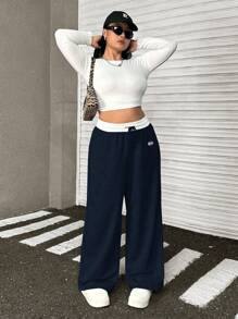 Muchica Pantalón de chándal holgado de talla grande con cintura en contraste azul marino