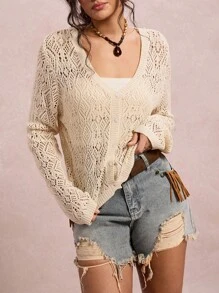 Freevana 大码女式纯色镂空长袖单排扣针织开衫 - 杏色 - 查看 3