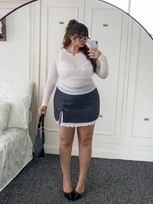 CovetEZ 夏季加大碼基礎款圓領長袖網紗上衣 - 白色 - 查看 6