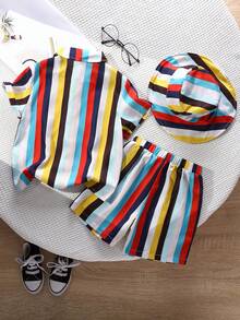 2pcs/Set Boys' Colorful Striped Short Sleeve Shirt And Shorts - Multicolor - View 2