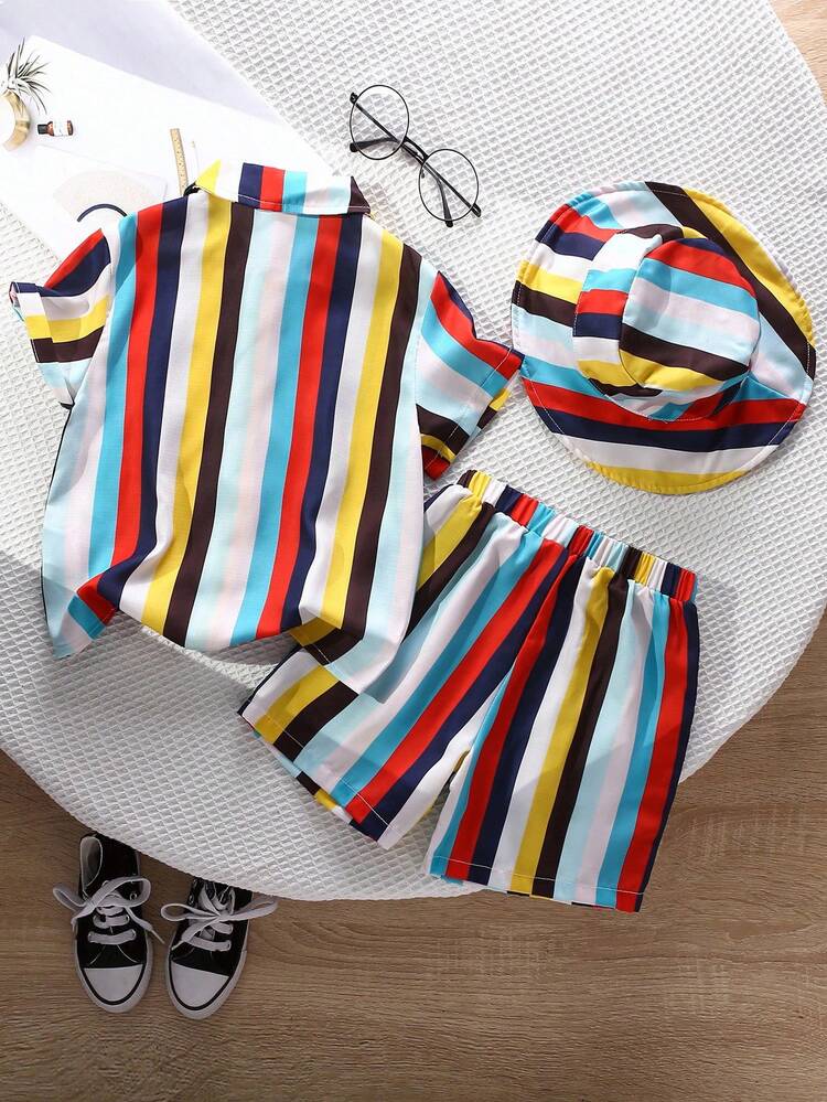 2pcs/Set Boys' Colorful Striped Short Sleeve Shirt And Shorts