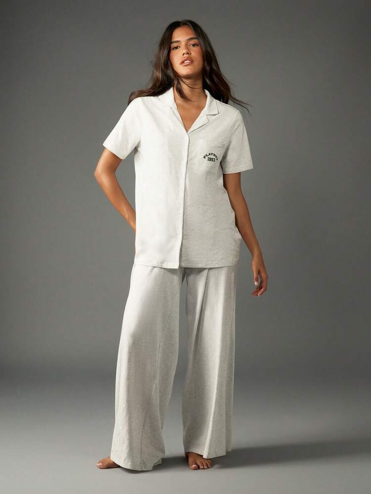 Missguided x Playboy Christmas Button Down Shirt With Wide Leg Pants Pajama