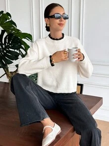 Serisse Áo len nữ tay dài cổ đứng không lưng viền tương phản, kiểu dáng thanh lịch, thích hợp cho mùa thu, sang trọng, công sở, đi chơi, giáo viên, đi học, mùa đông. - Màu be - Xem 2