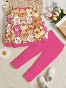 SHEIN Happikins 2pcs Young Girl Casual Cute Capybara Cartoon Animal Print Crew Neck Long Sleeve Sweatshirt And Leggings Set, Suitable For Autumn/Winter Fall - Multicolor - View 4