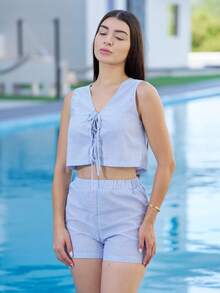 Andrea Bello Casual Woven Striped Camisole & High-Waisted Loose Shorts Set For Women,For Summer Vacation, Women Summer Clothing,Cute Summer  Set,European Summer - Blue and White - View 5