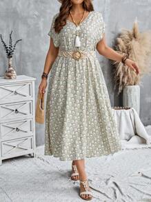 EMERY ROSE Plus Size All-Over Print V-Neck Casual Versatile Short Sleeve Dress,Fall Dresses For Women , Women's Fall Clothes