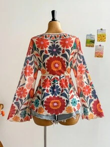 Soleia Plus Size Women's Vacation Knit Mesh Vintage Floral V-Neck Long Flare Sleeve Front Tie Blouse,Fall Clothes For Women - Multicolor - View 2