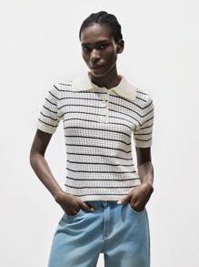 Chiquease 女式 Polo 领黑白条纹短袖毛衣针织上衣套头衫秋冬 - 彩色 - 查看 1