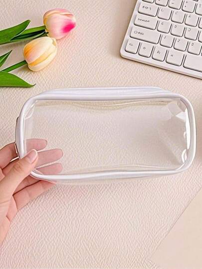 SHEIN 5pcs/3pcs/1pc Summer Clear Pencil Bag, Clear Exam Pencil Case, Waterproof PVC Zippered Cosmetic Storage Pouch, Travel Luggage Pouch Make Up Cosmetic Bag (White)
