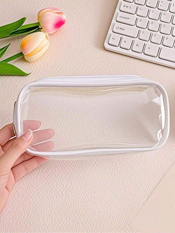 SHEIN 5pcs/3pcs/1pc Summer Clear Pencil Bag, Clear Exam Pencil Case, Waterproof PVC Zippered Cosmetic Storage Pouch, Travel Luggage Pouch Make Up Cosmetic Bag (White)