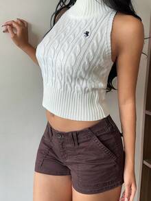 SHEIN EZwear 女士时尚扭纹针织高领无袖露背上衣 - 白色 - 查看 5