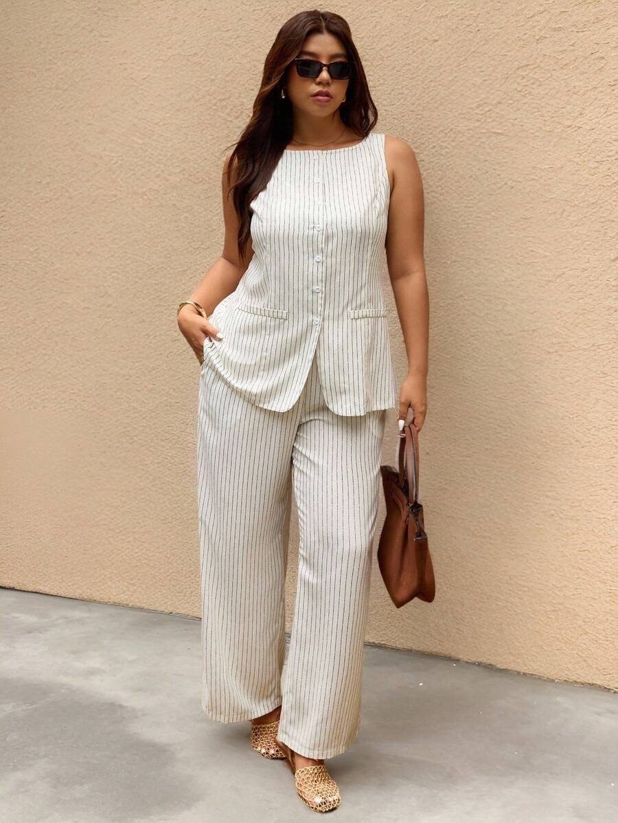 Elaquor 大码女式夏季休闲百搭百搭条纹办公室/通勤两件套，女式衬衫和裤子 - 杏色 - 查看 1