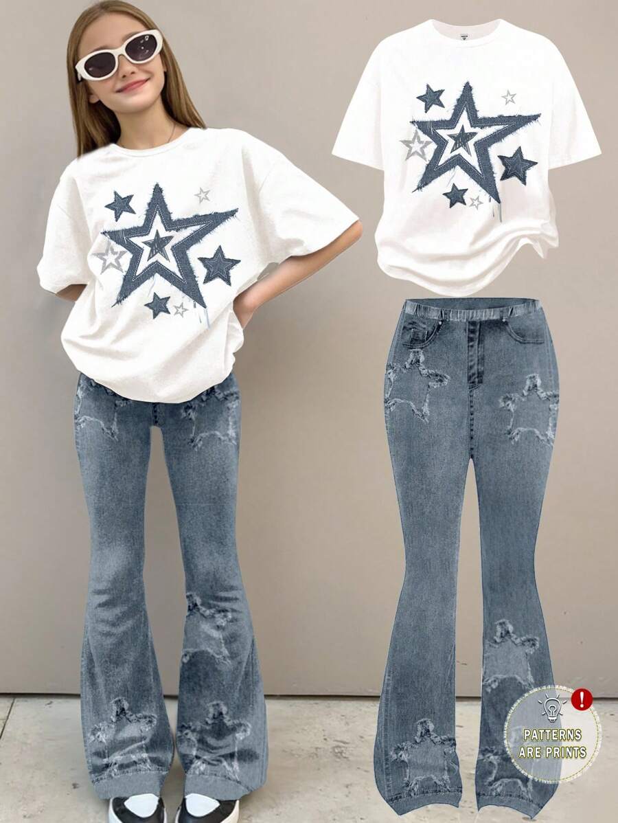 SHEIN Leap Crew 青少年女孩休闲简约短袖上衣和裤子 2 件套，夏季