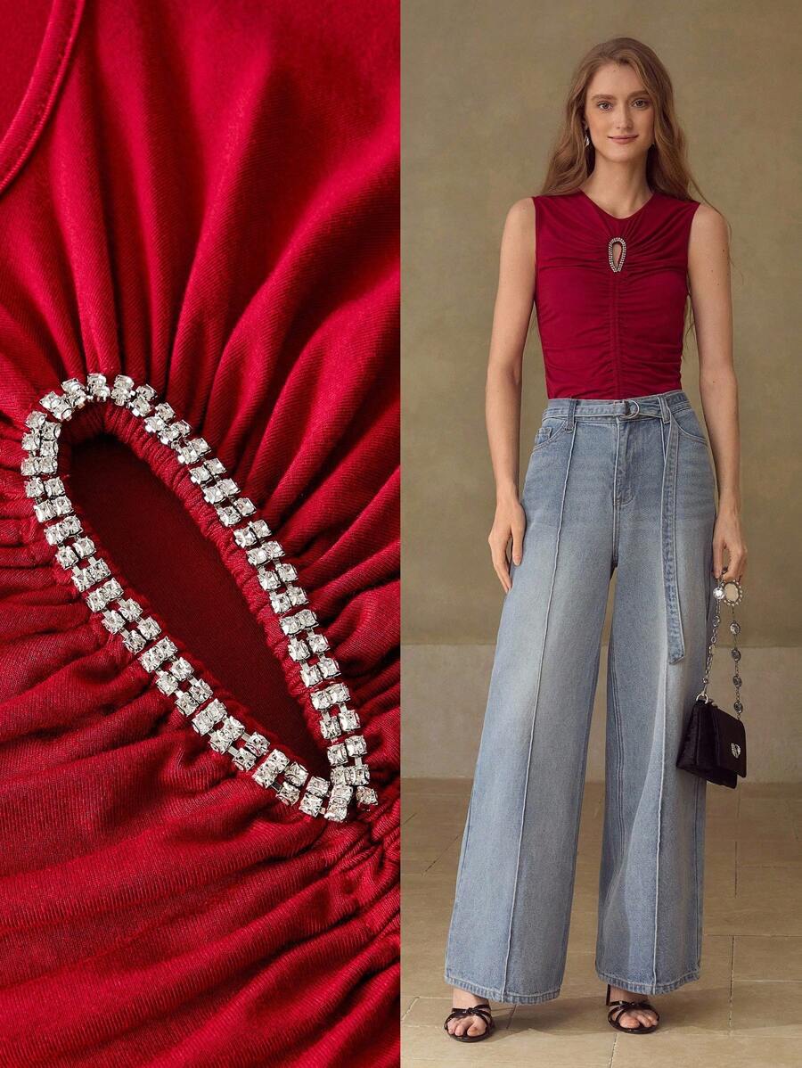 MOTF PREMIUM SOLID RHINESTONE CUTOUT FRONT RUCHED SLIM FIT TANK TOP - Red - View 1