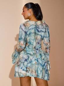 SHEIN BAE Plus Size Women Flounce Marble Print Long Sleeve Sheer Blouse, Elegant Casual Vacation Tops/Long Sleeve Top/Summer Top/Fall Wedding Guest Top Curve/Club Women Sexy/Teacher Plus Size/Halloween Plus Size/Halloween/Airport/Western/Back To School/Birthday Top For Women/Plus Size Top/Holiday/Rave,Fall - Blue - View 6