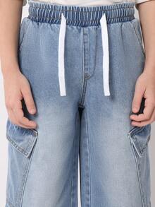 SUMWON 宽腿工装牛仔裤宽松裤休闲溜冰风格街头潮流休闲秋冬宽松青年日常外套舒适时尚 - 藍色 - 查看 5