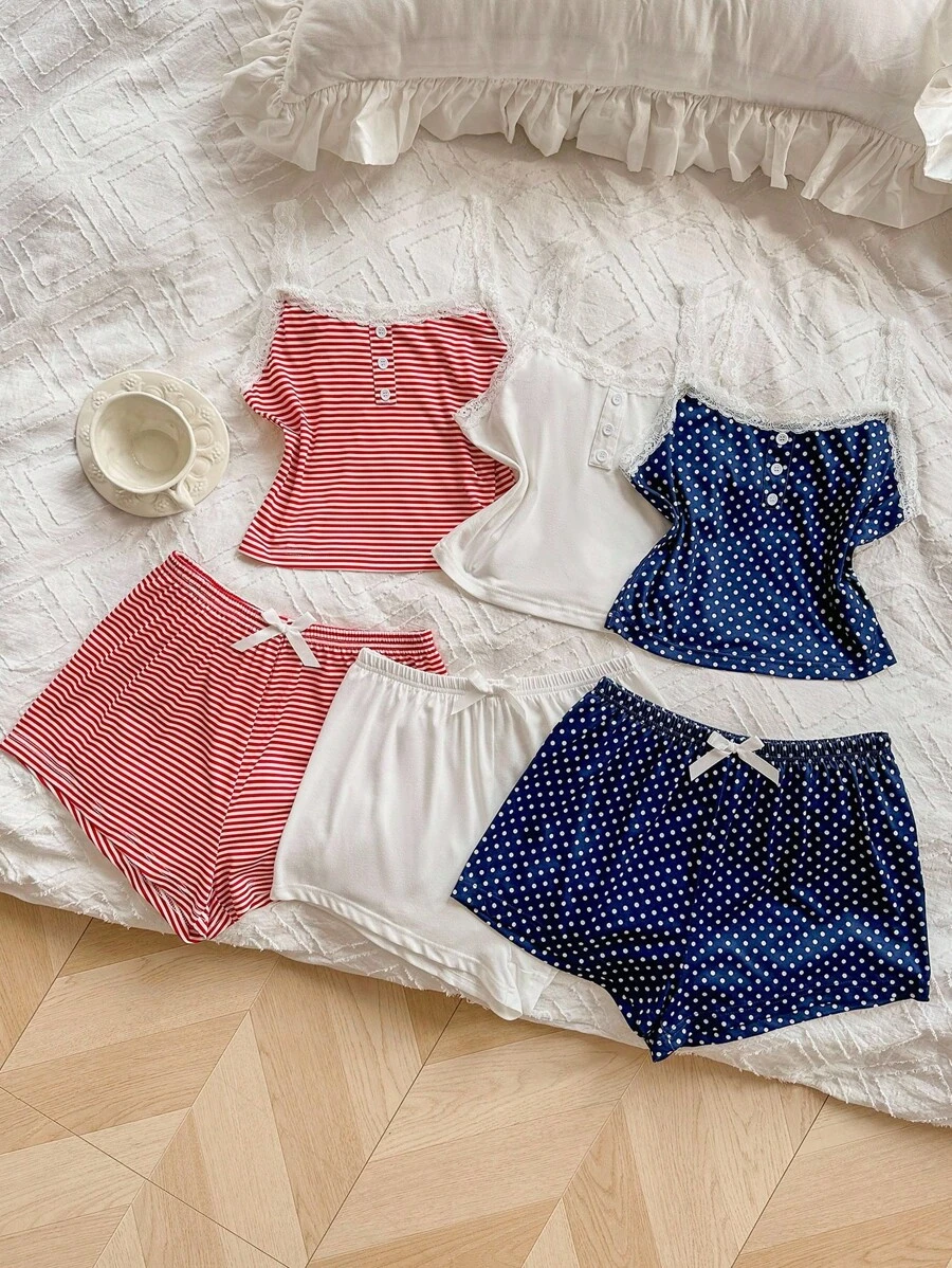 SHEIN 6件套女士休闲修身仿门襟蕾丝拼布花卉印花吊带背心和短裤睡衣套装 - 彩色 - 查看 1