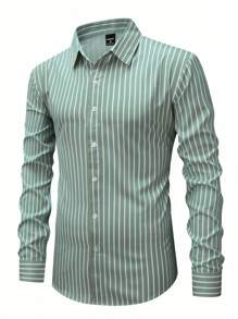 Manfinity Mode 时尚薄荷绿色商务衬衫，带条纹，经典领和常规版型长袖男士条纹正装衬衫，绿色条纹衬衫，蓝绿色正装衬衫，男士时尚衬衫，商务休闲衬衫，秋季 - 薄荷綠 - 查看 5