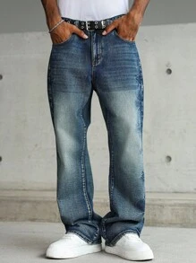 Manfinity EMRG Men's Light Blue Washed Stretch Skinny Fit Fashionable Denim Wide Leg Jeans, Emo Style - Medium Wash - View 5