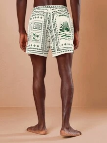 SUMWON Summer Beach Swimming Shorts With Sun Wave Print Design Drawstring Waist Lightweight Holiday Surf Board Shorts Swimwear - Green - View 3