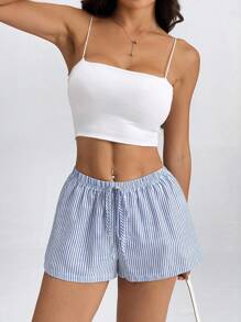 SHEIN PETITE Women's Casual Blue Striped Mini Shorts With Drawstring