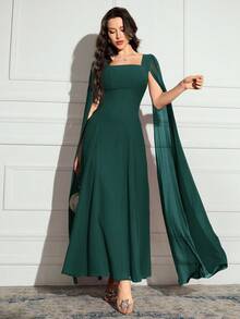 Modelyn Vestido largo de mujer de unicolor, cuello cuadrado, manga larga, sencillo y casual, vestido de noche largo - Verde Oscuro - Ver 4