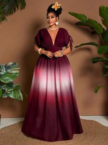 Maweii 大码女式优雅渐变色印花蝴蝶结 V 领 A 字长裙，蝙蝠袖，束腰设计，适合度假、海滩、音乐节、春夏季穿着 - 彩色 - 查看 7