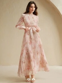Anewsta New Elegant Pleated Round Neck Dress For Women - Baby Pink - View 3