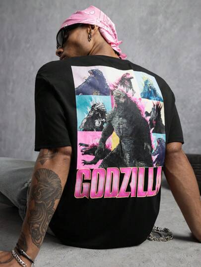 GODZILLAxKONG X SHEIN 男式字母与怪物图案短袖 T 恤