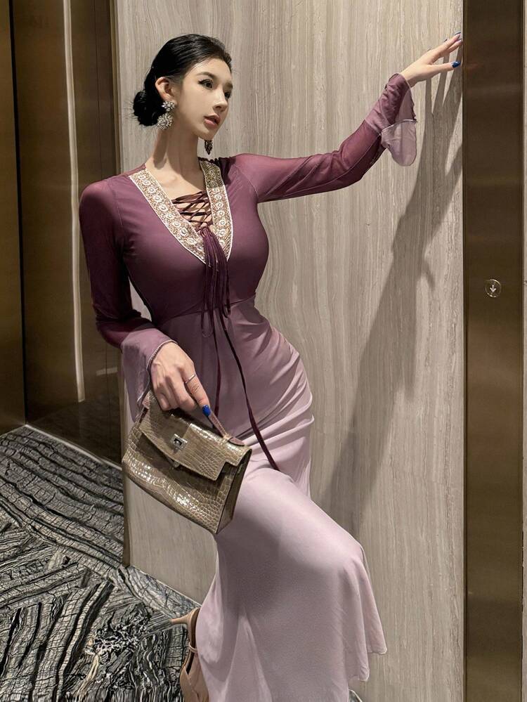 Women's V-Neck Tie-Up Ombre Color Block Mid-Length Dress, Autumn,Fall Women Clothes Long Sleeve Dress Carnival Maxi Dress