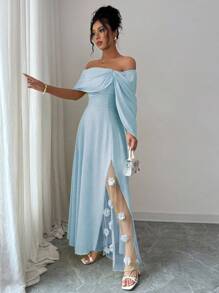 Selianne Váy Maxi thắt eo họa tiết hoa 3D thanh lịch mới dành cho nữ - Màu xanh nhạt - Xem 3