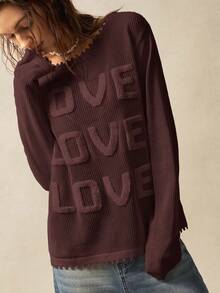 Bohemela Women's Letter Pattern Round Neck Dropped Shoulder Long Sleeve Loose Casual Sweater Women Sweaters Fall Sweaters,Brown Sweater - Coffee Brown - View 3