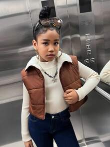 SHEIN Tween Girl Zip-Up Teddy Bear Lined Vest Jacket,In Fall/Winter , Puffer Vest