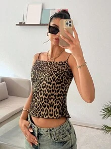 SHEIN EZwear Blusa con estampado de leopardo, escote halter sin espalda y lazo atrás, nuevo estilo para señoras - Marrón - Ver 3