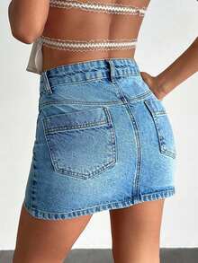 EURMUSE WOMEN HIGH WAIST MINI SKIRT Y2K WASH CASUAL PETITE - Medium Wash - View 2