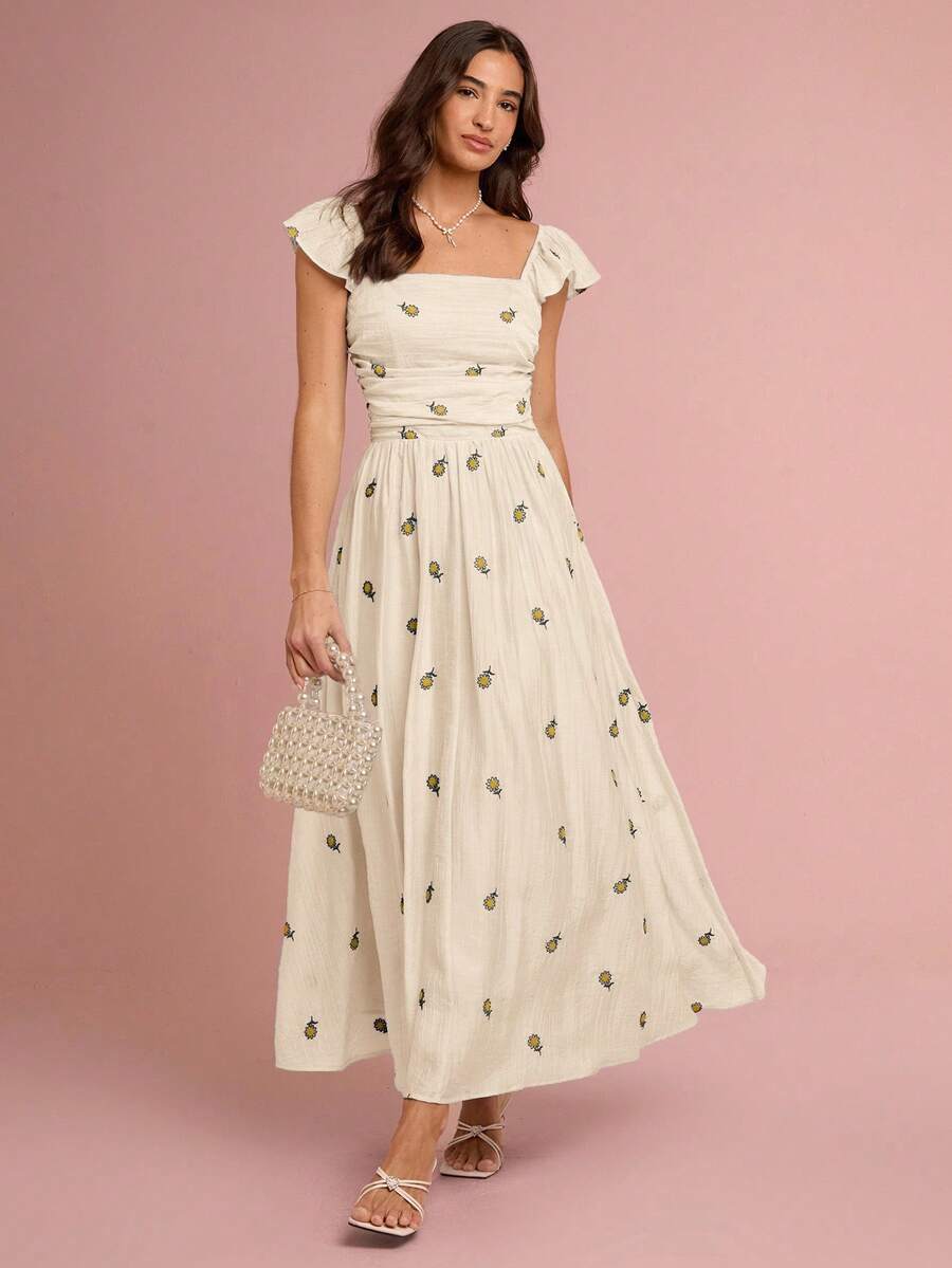 Enchnt 浪漫优雅的杏色花卉刺绣连衣裙，是秋冬季节的完美之选。甜美优雅，适合度假、约会、节日、派对、海滩、舞会、夏日连衣裙以及秋季女装穿着。