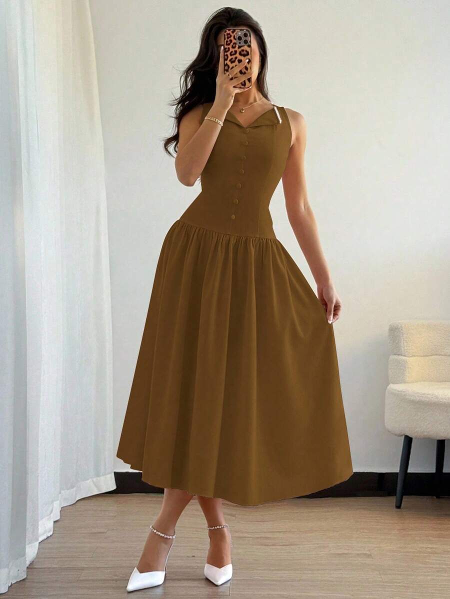 Modelyn 女士优雅 A 字型中长纯色连衣裙 - 棕色 - 查看 1