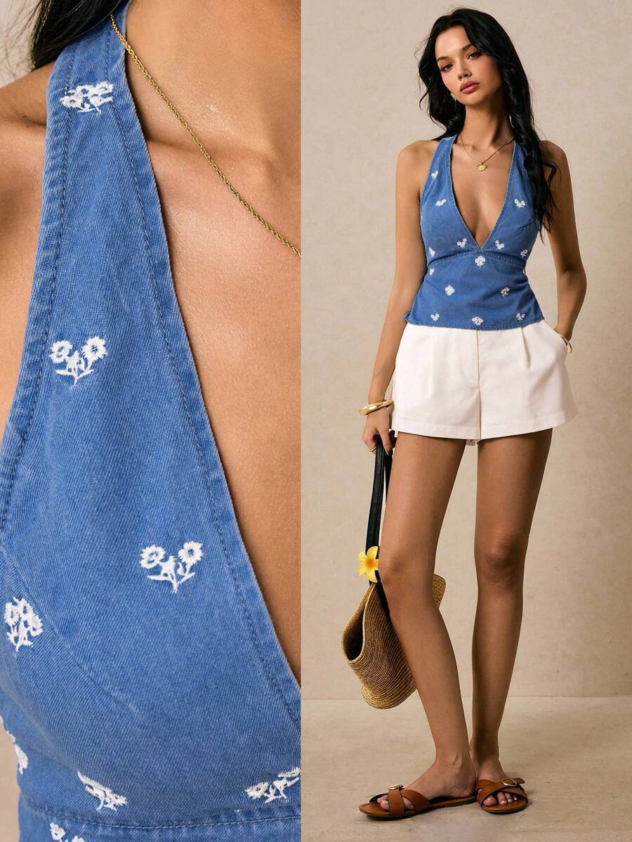 Poéselle 女式牛仔上衣刺绣露背吊带背心女式牛仔背心蓝色上衣女式夏季性感碎花刺绣露背吊带牛仔上衣夏季上衣波西米亚风夏装女式上衣夏季女装吊带上衣 Y2k 可爱夏季上衣音乐会节日服装 - 深色水洗藍 - 查看 1