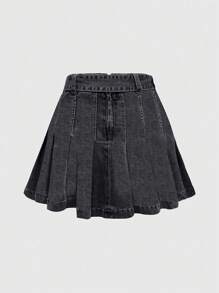 ROMWE Grunge Punk Women's Waist Strap Pocket Pleated Simple Casual Denim Skirt