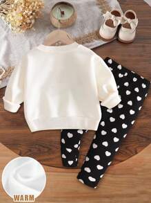 SHEIN 女婴可爱手绘心形印花针织厚柔软圆领长袖运动衫和紧身裤套装，适合秋冬季