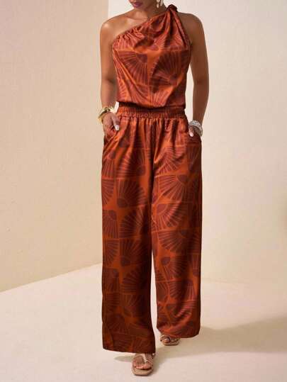 Zivah 2025 Summer New Arrival, Suitable For Birthday Party, Graduation Season, Student Wear, Daily Casual, Vacation, Cruise Travel, Beach, Sunbathing, Viral, Elegant, Commuting, Business Casual, One-Shoulder, Twist, Cold-Shoulder, Open Back, Short Women Top And Straight Loose Pants, Frill Trim, Pocket, Red Brown Print, Women 2 Pieces Set For Summer One Shoulder 2 Pieces Set Orange 2 Pieces Set For Women