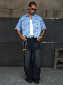 AXEPEAK 多尺寸时尚街头风翻领宽松短袖男士蓝色纽扣衬衫 - 淺藍色 - 查看 4