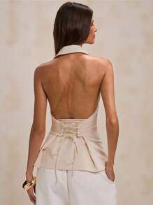 SHEIN BAE 秋季女士极简通勤交叉露背西装外套，通勤装，教师装，白色，露背马甲，性感出镜 - 米色 - 查看 1