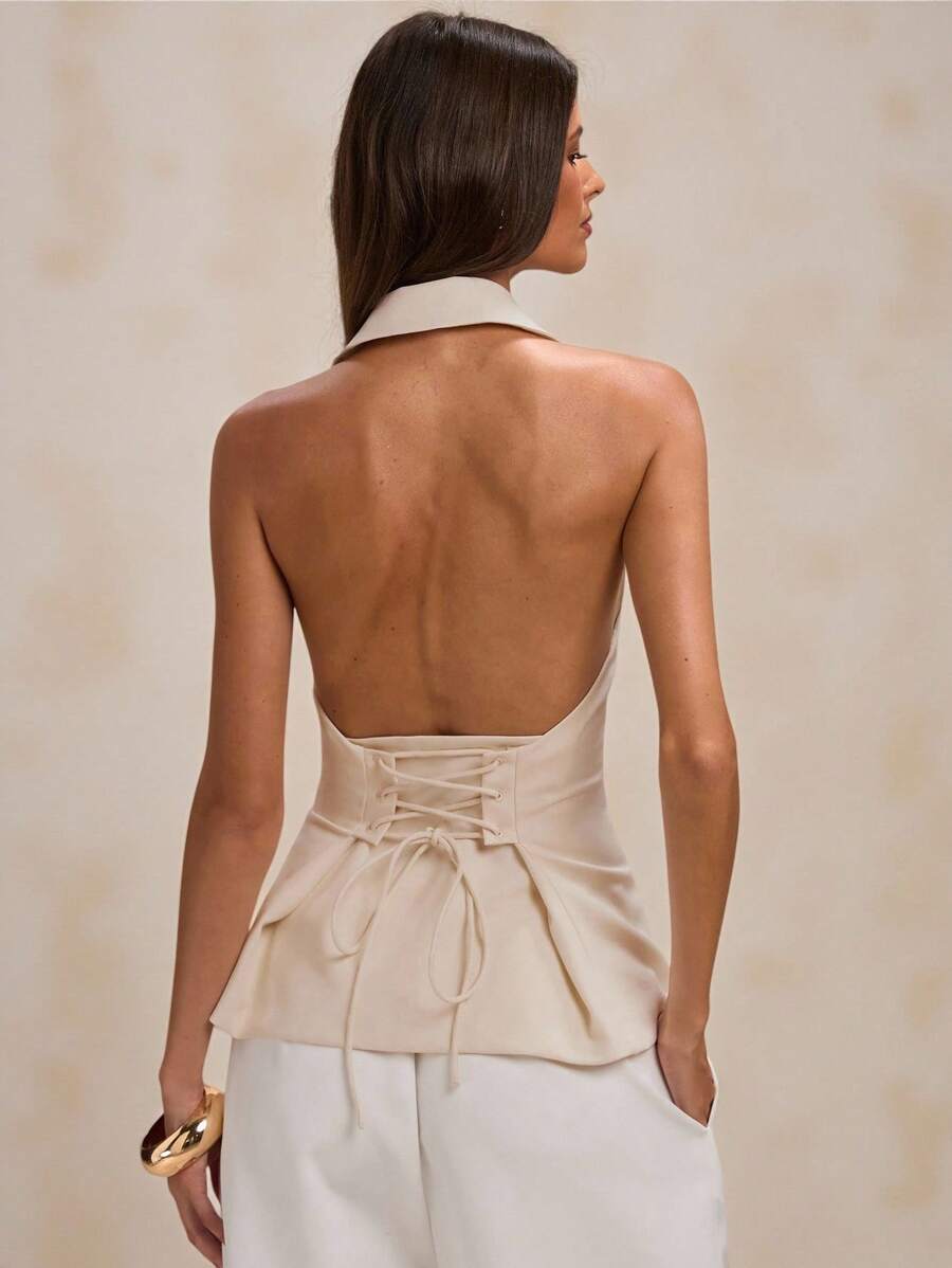 SHEIN BAE 秋季女士极简通勤交叉露背西装外套，通勤装，教师装，白色，露背马甲，性感出镜 - 米色 - 查看 1