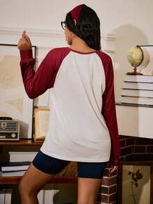 Miss Vinta Retro Casual College Style Contrast Color Raglan Sleeve Top & Cycling Pants Women Pajama Set, Fall Clothes - Multicolor - View 2