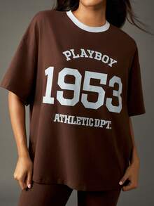 Missguided x Playboy Áo thun cổ tròn phong cách đại học cổ điển cỡ lớn họa tiết Collegiate 1953, cổ tròn, thu đông, thường ngày, áo phông cơ bản, màu nâu trắng tương phản - màu nâu - Xem 6