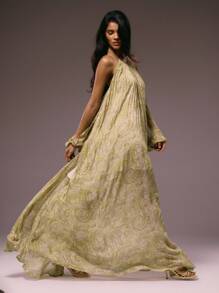 MUSERA Đầm maxi in họa tiết tay xẻ lưng cực kỳ gợi cảm, in xếp ly toàn thân, thích hợp cho mùa thu, hè, đi nghỉ mát, tiệc tùng, dự đám cưới, sinh nhật, câu lạc bộ, tiệc brunch, đi chơi, du lịch biển, tiệc tùng, thanh lịch, Ibiza, dịp đặc biệt, nữ tính, dễ thương, Giáng sinh, mùa thu, lễ tốt nghiệp, đầm dài. - Màu vàng - Xem 3